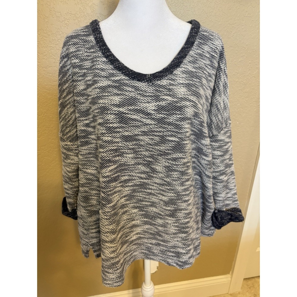 Coldwater Creek Marled Knit V Neck Textured Sweater, Blue, XL